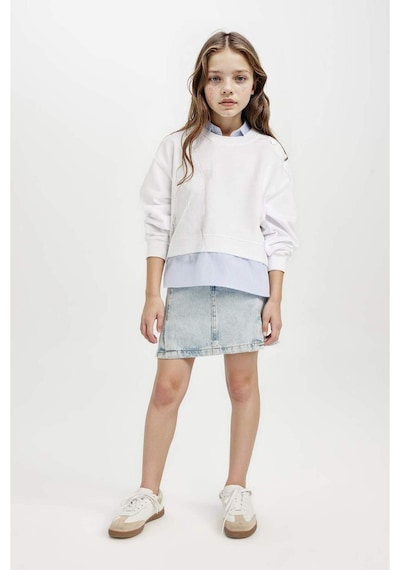 DeFacto Kız Çocuk Relax Fit Bisiklet Yaka Etek Ucu Detaylı Sweatshirt D0703A824AUWT34 Beyaz
