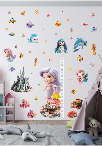 Deniz Kızı Temalı Boy Ölçerli Duvar Sticker Seti - Mat, Sökülebilir, Çocuk Odası Dekoru 01