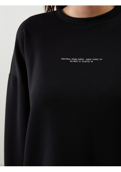 Lcw Vision Siyah Bisiklet Yaka Baskılı Oversize Kadın Sweatshirt