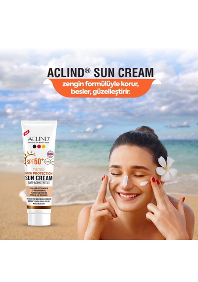 Aclind Spf 50+ Kapatıcı Etkili Renkli Yüz Güneş Kremi - Yaşlanma Karşıtı Cilt Tonu Eşitleyici 50 Ml