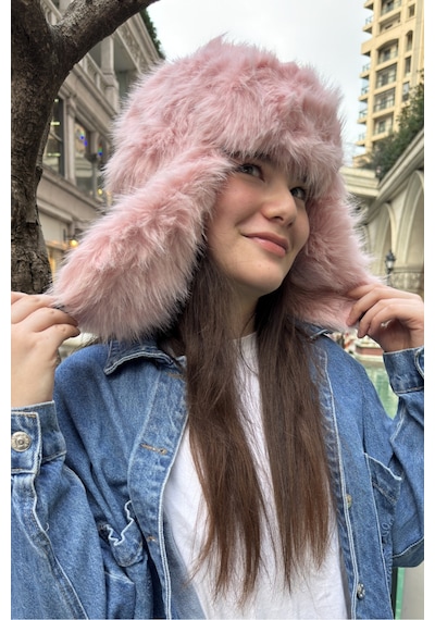 Mollycrush Pembe Pelüş Kürklü Genç Pilot Şapkası Yumuşak Tüylü Kulaklı Trend Kışlık Ushanka Pembe