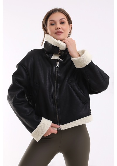 Winmoda34 İçi Kürk Astarlı Biker Kısa Ceket Siyah