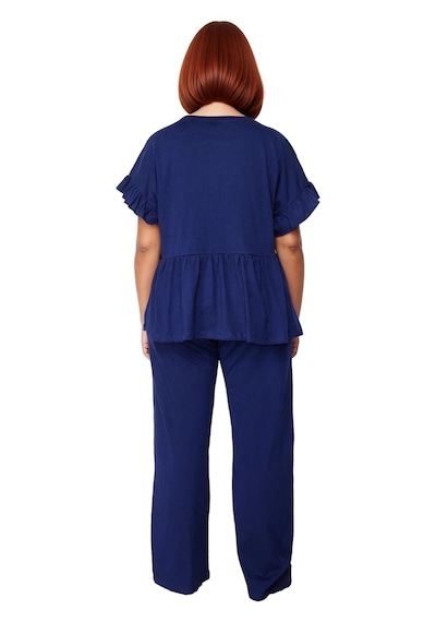 Ersefa Kadın Bisiklet Yaka Nakışlı Volanlı Pijama Takımı Fonksiyonel Day lacivert