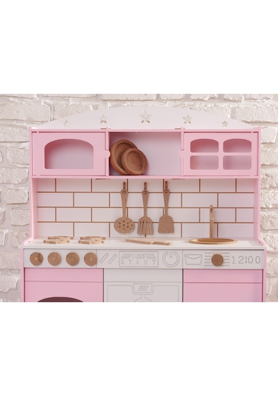 Boyalı Pembe Ahşap Oyuncak Bulaşık Makine Detaylı Mutfak Tabak Ve Spatula Seti Hediye