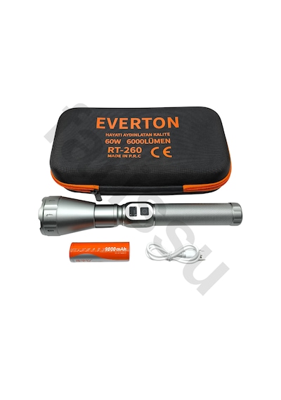 Everton Rt-260 60w 6000 Lümen Ultra Güçlü Şarjlı El Feneri - 2 Km Menzilli, Zoomlu, Çantalı Tam Set Gri