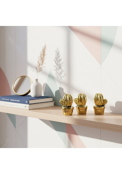 Büro Ev Ofis Hediyesi İçin Maksi Golden Seramik Saksılı Kaktüs Motif Biblo