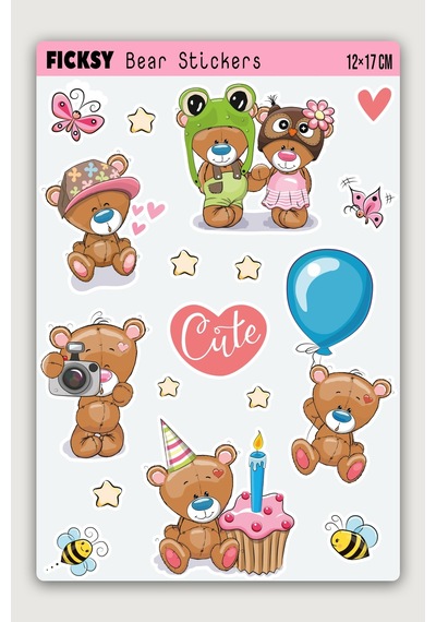 Sevimli Ayıcık Teddy Bear Doğum Günü Temalı Sticker Seti - 17 Adet Etiket Çıkartma Diğer