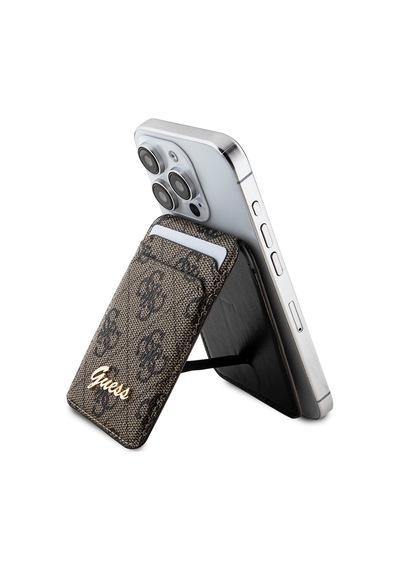 Guess Lisanslı Magnetik Standlı Kartlık 4g Desenli Metal Script Logolu Kahverengi