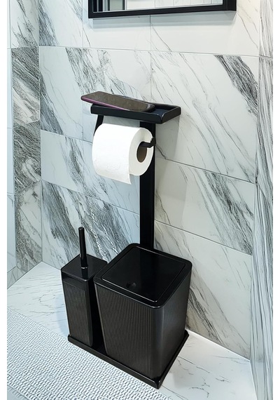 3'ü 1 Arada Banyo Seti Tuvalet Kağıtlık, Çöp Kovası Ve Tuvalet Fırça Takımı Set Çizgili Siyah Genel