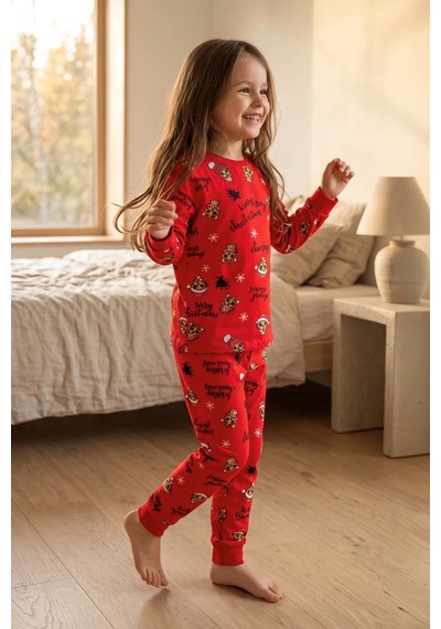 Zuzunga Kız Çocuk Yılbaşı Temalı Tiger Desenli Uzun Kollu Pijama Takımı Kırmızı