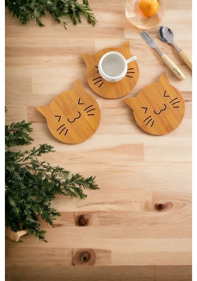 3'lü Kedi Figürlü Bardak Altlığı Ahşap