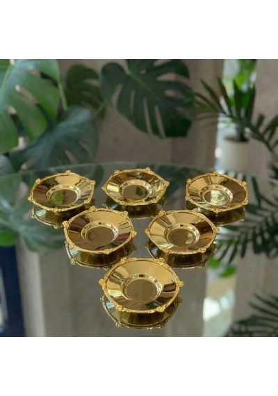 Gold - Gümüş Dekoratif Çerçeveli 6 Lı Metal Çay Tabağı Seti Lüks Çay Sunum Tabağı Altın