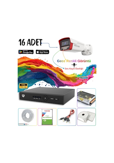 Adecam 16 Lı Full Hd Ahd Güvenlik Kamera Sistemi - Gece Renkli & Sesli Set + 30 Gün Kayıt, Cepten İzleme