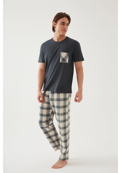 Erkek Pamuklu Üst Füme Göğüs Cepli Kısa Kollu Pijama Takımı Ke30304 Yeşil