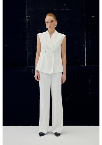 Sateen Anna Çizgili Pantolon - Ekru-137092 Ekru