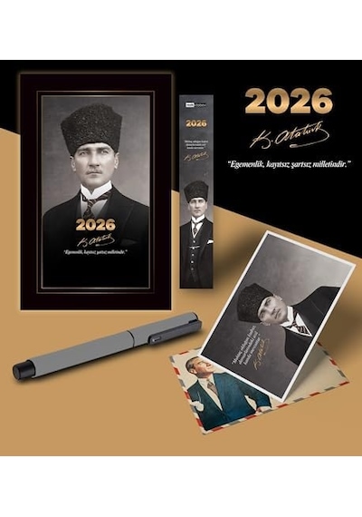 2026 Kalpaklı Atatürk Ajandası Ayraç Kartpostal Kalem - Gri