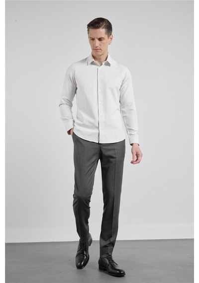 İmza Koyu Bej Kendinden Desenli Sert Yaka Uzun Kol Cepsiz Slim Fit Pamuklu Gömlek 1004255283