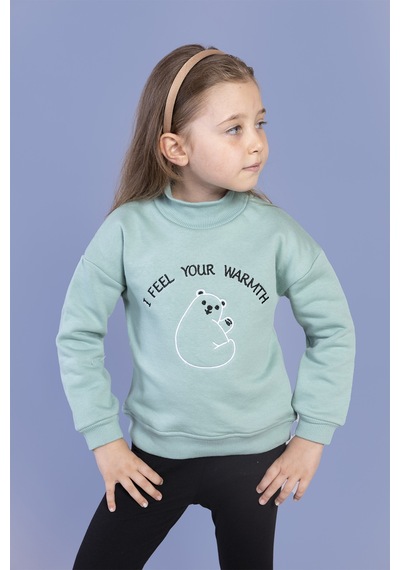 Toontoy Kız Çocuk Nakışlı Balıkçı Yaka Pamuklu Sweatshirt Yeşil