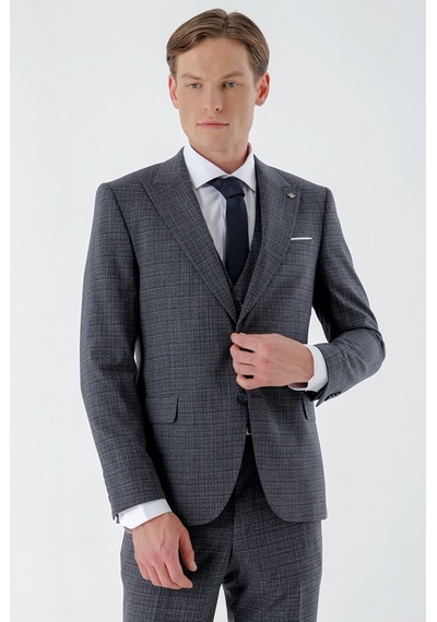 Morven Erkek Lacivert Poliviskon Trend Yelekli Ekoseli Slim Fit Sivri Yaka Takım Elbise 24mc001021200 Lacivert