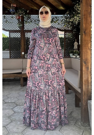 Rabia Şamlı Rengin Şal Desenli Gömlek Elbise Pembe Normal
