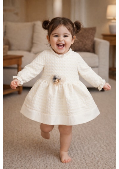 Babyhola Benekli Kabartmalı Kız Bebek Elbise 15439 Ekru