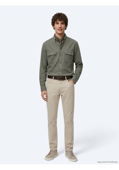 Kip Haki Düz Regular Fit Uzun Dokuma Casual %100 Pamuk Gömlek