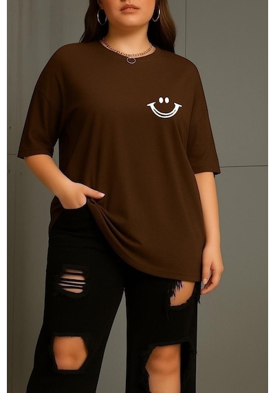 Büyük Beden Gülücük Baskılı Unisex Tişört Kahverengi