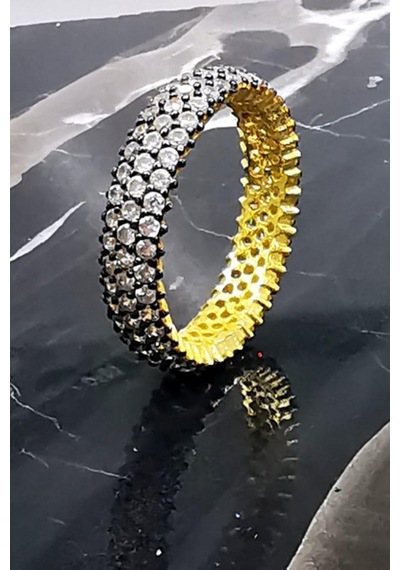 Omar Silver Kadın Gümüş 3 Sıra Gold Altın Kaplama Siyah Kalemli Z