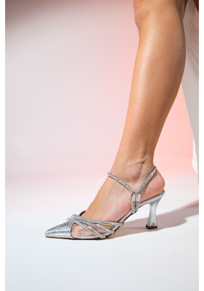 Luvishoes Lavıe Gümüş Desenli Şerit Taşlı Kadın Abiye Ayakkabı