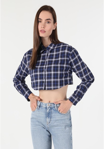Colin's Colins Regular Fit Shirt Neck Ekoseli Kadın Lacivert Uzun Kol Gömlek Cl1060288 Q1.v1 Nav Lacivert