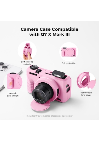 K&f Concept K&f Canon G7x Mark Iıı Uyumlu Silikon Kılıf + Ekran Koruyucu / Pembe Pembe