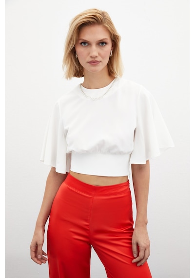 Sateen Kolyeli Kısa Kol Bluz - Ekru