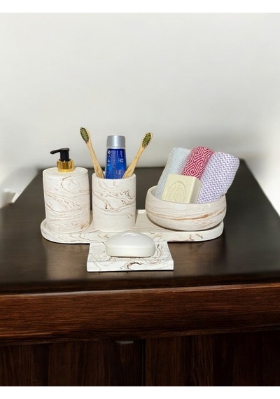 5'lı Banyo Seti Sıvı Sabunluk Diş Fırçalığı,havluluk,tepsi,katı Sabunluk Bej