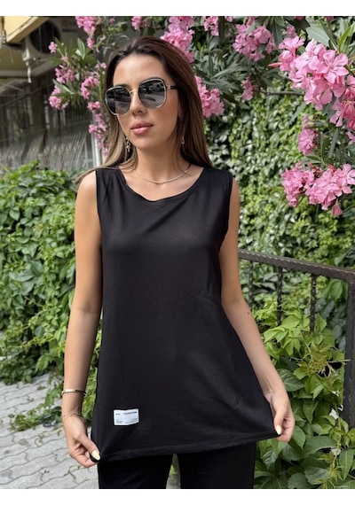 Simala Kadın Askılı Yuvarlak Yaka Viskon Iki Iplik Bluz Ve Eşofman Altı Ikili Takım Siyah