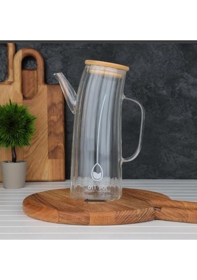 Deconox Bambu Kapklı Borosilikat Cam Yağlık & Sirkelik 1 Litre Isıya Dayanıklı & Sızdırmaz Tasarım Bambu Kapaklı Şeffaf Cam Yağdanlık 1000ml Açık Beyaz