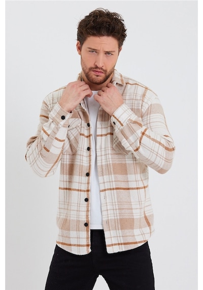 Erkek Kırık Beyaz-turuncu Çift Cep Kapaklı Slim Fit Oduncu Gömlek-odg001r9500s Kırık Beyaz-turuncu