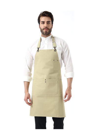 Barista Boyundan Askılı Önlük Çift Cepli - Bej-12183 Bej