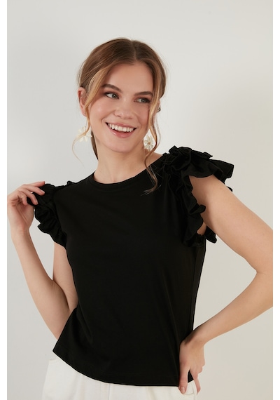 Lela Pamuklu Kolları Fırfırlı Slim Fit Bisiklet Yaka Bayan T Shirt 5864500 Siyah