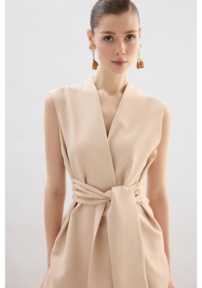 Sateen Kalın Kuşaklı Yelek - Bej-136857 Bej