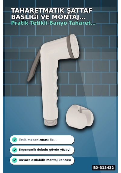 Köşeli Taharetmatik Şattaf Başlık - Beyaz Gri Plastik - Banyo Aksesuarı Bx-313432 12 Izgara