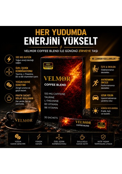 Velmor Coffee Blend Yüksek Kafeinli Kahve Karışımı Taurine, L-theanine Ve Vitamin Destekli 30 Sachet Granül