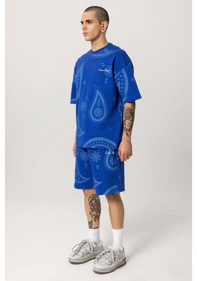 Oversize Desenli Şort Tişört Takım Saks