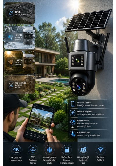 O-kam 7015 4g 6mp Dual Lens Güneş Panelli Solar Sirenli Güvenlik Kamerası 1 Yıl İnternet