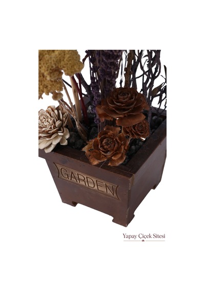 Yapay Çiçek Sitesi Ahşap Garden Saksıda Natürel Kuru Çiçek Bahçesi Tanzimi 50 Cm Çok Renkli