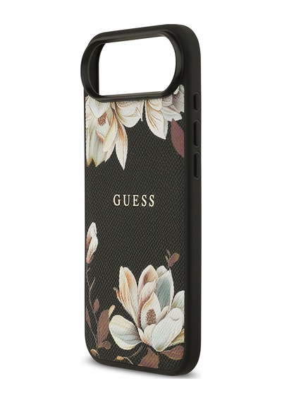 Apple Uyumlu iPhone 17 Air Kılıf Guess Lisanslı M-safeli Taneli Çiçek Tasarımlı Metal Yazı Logolu Siyah Siyah