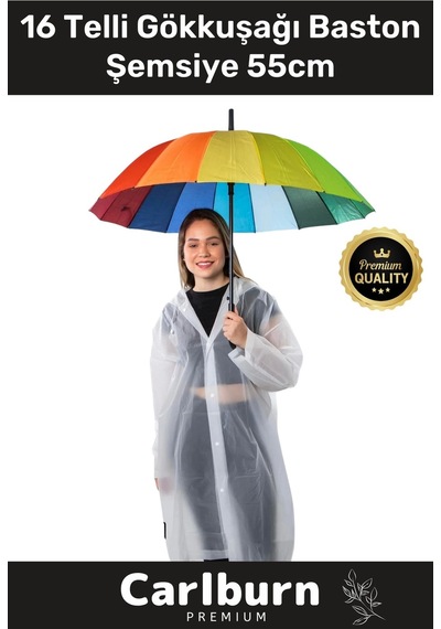 Otomatik Mekanizma Baston Tip Rüzgar Korumalı Fiber 16 Telli Gökkuşağı Baston Şemsiye 55cm Çok Renkli