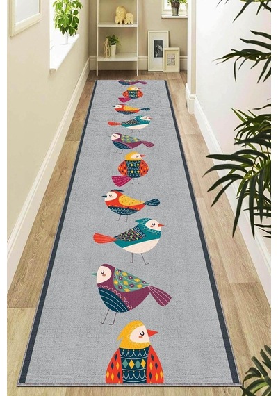 Rugviva Kaymaz Tabanlı Makinede Yıkanabilir Papağanlı Kesme Rulo Yolluk Ar467, Gri, 80 X 200 Diğer