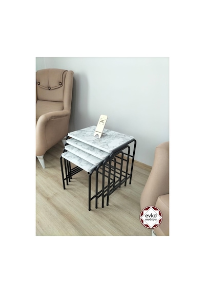 Evko Mobilya Buket Sehpa, 4'lü Zigon Sehpa, Servis Sehpası, Iç Içe Geçen Sehpa, Ahşap Sehpa, Dikdörtgen Sehpa Beyaz Mermer