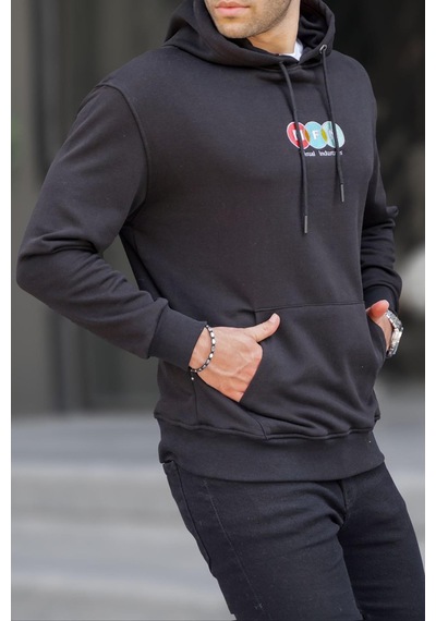 Madmext Siyah Kapüşonlu Nakışlı Erkek Sweatshirt 6145-siyah Siyah