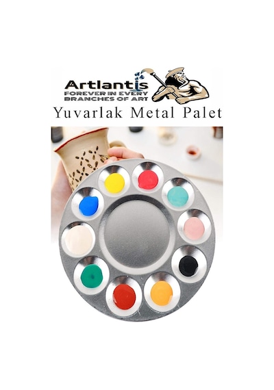 Yuvarlak Metal Palet 1 Adet Metal Boya Paleti 10 Hazneli 17 Cm Paslanmaz Resim Boyama Paleti Fırça Hediyeli